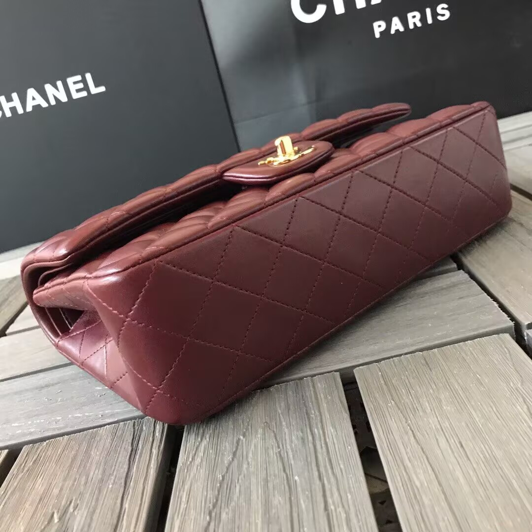 Ch*el CLASSIC 11.12 HANDBAG  Lambskin &Brown Metal Burqundy 15.5 x 25.5 x 6.5 cm
