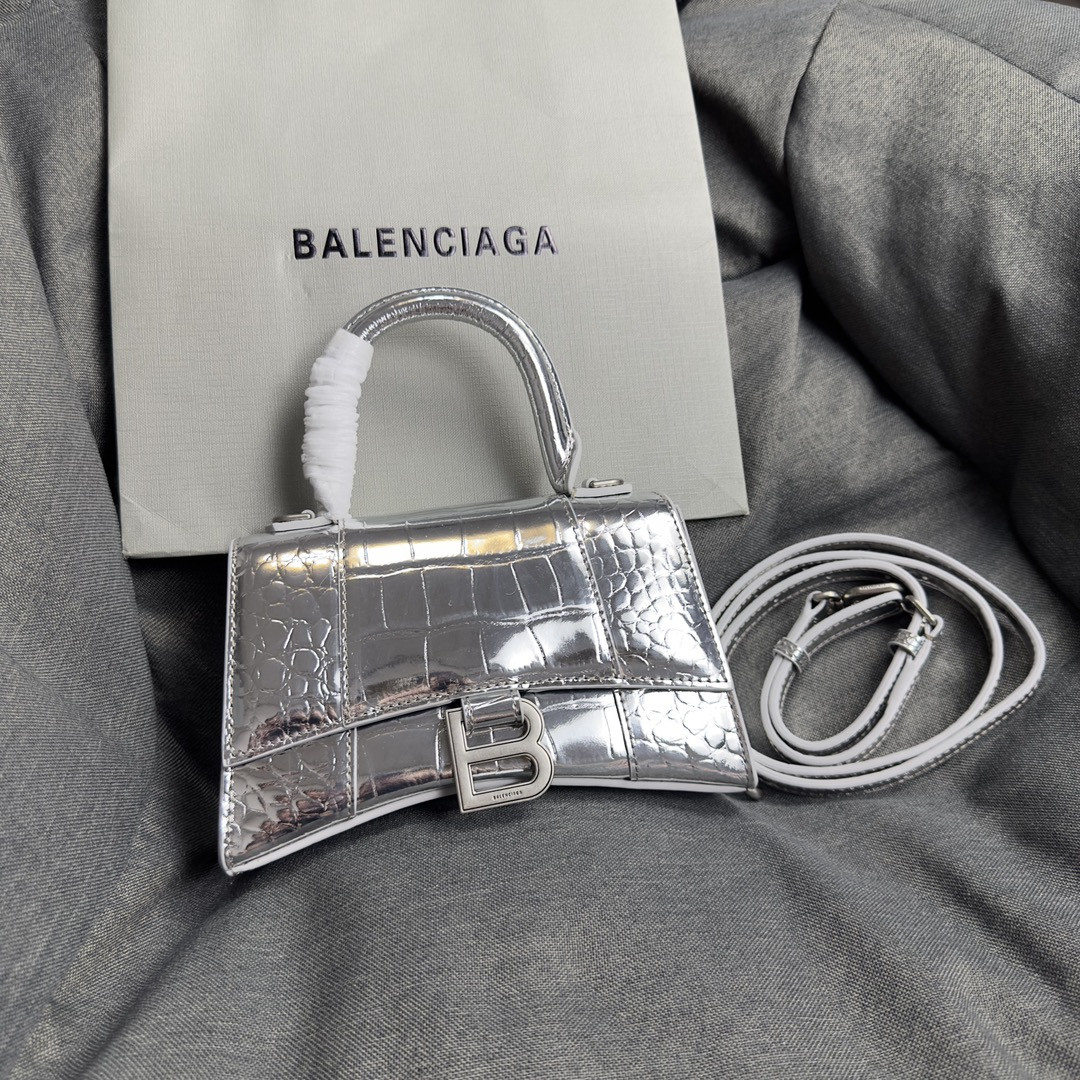 Ba*len*cia*ga WOMEN'S HOURGLASS MINI HANDBAG CROCODILE EMBOSSED IN SILVER L7.4 x H5.1 x W3.1 inch
