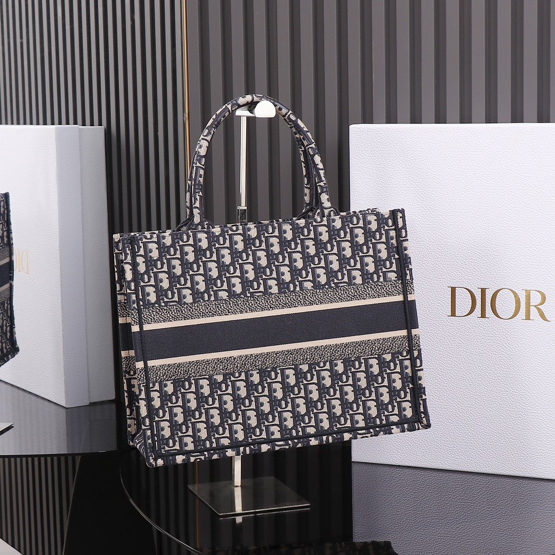 Medium D*0r Book Tote Ecru and Blue D*0r Oblique Embroidery 14 x 11 x 6.5 inches