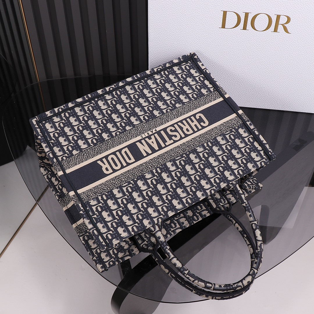 Medium D*0r Book Tote Ecru and Blue D*0r Oblique Embroidery 14 x 11 x 6.5 inches