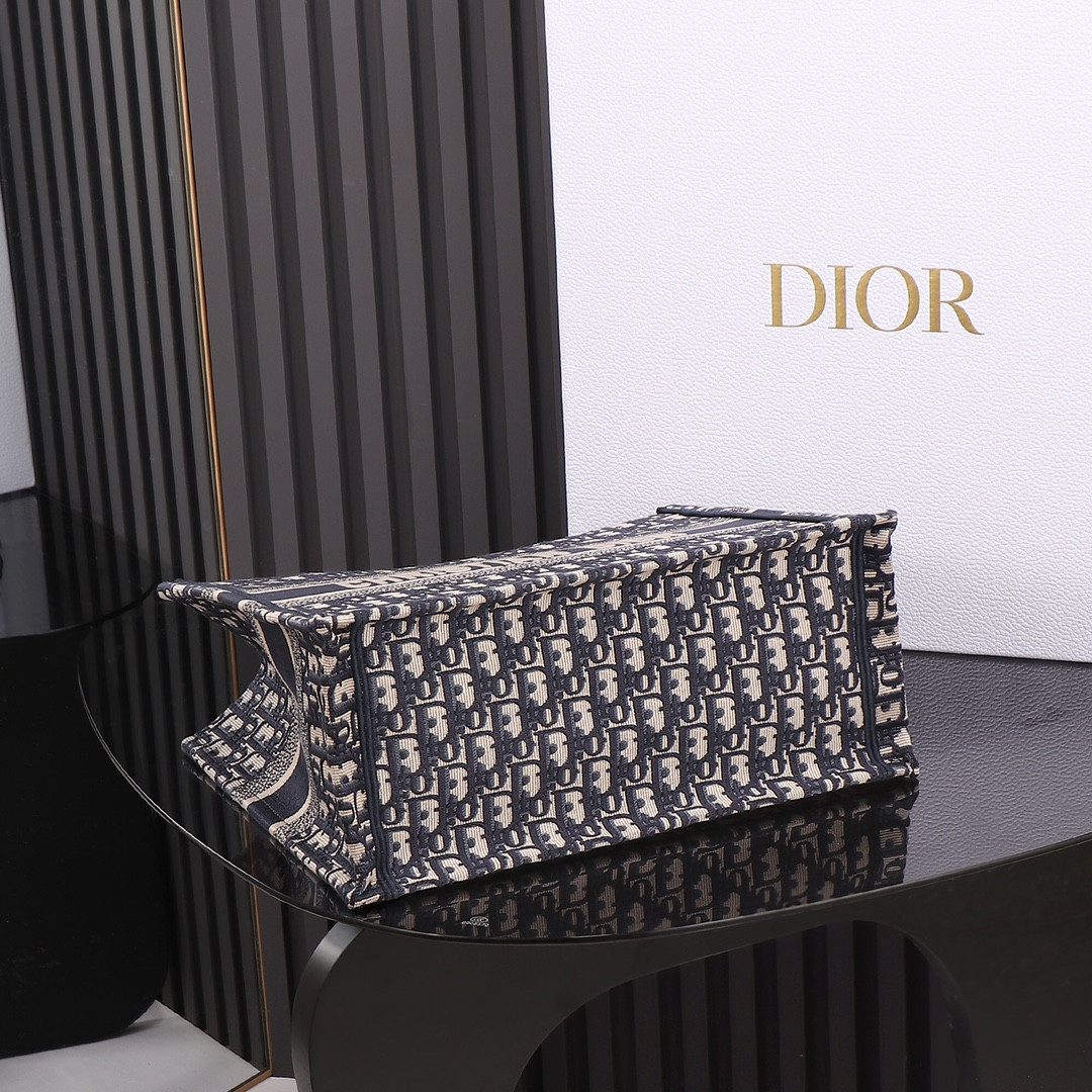 Medium D*0r Book Tote Ecru and Blue D*0r Oblique Embroidery 14 x 11 x 6.5 inches