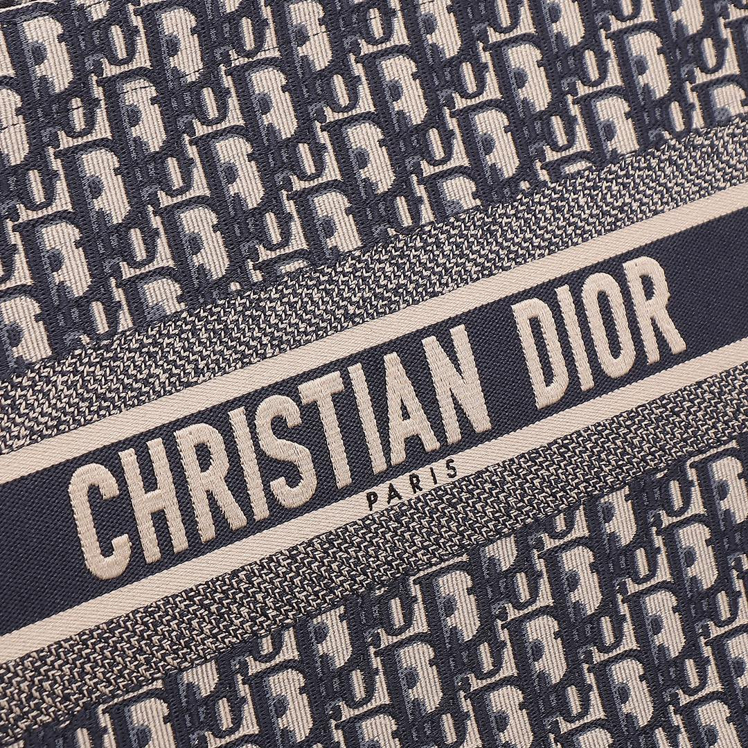 Medium D*0r Book Tote Ecru and Blue D*0r Oblique Embroidery 14 x 11 x 6.5 inches