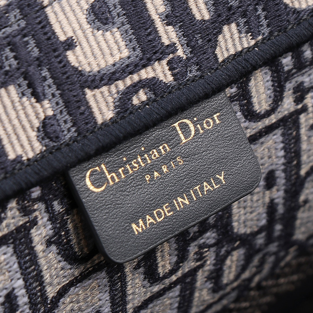 Medium D*0r Book Tote Ecru and Blue D*0r Oblique Embroidery 14 x 11 x 6.5 inches