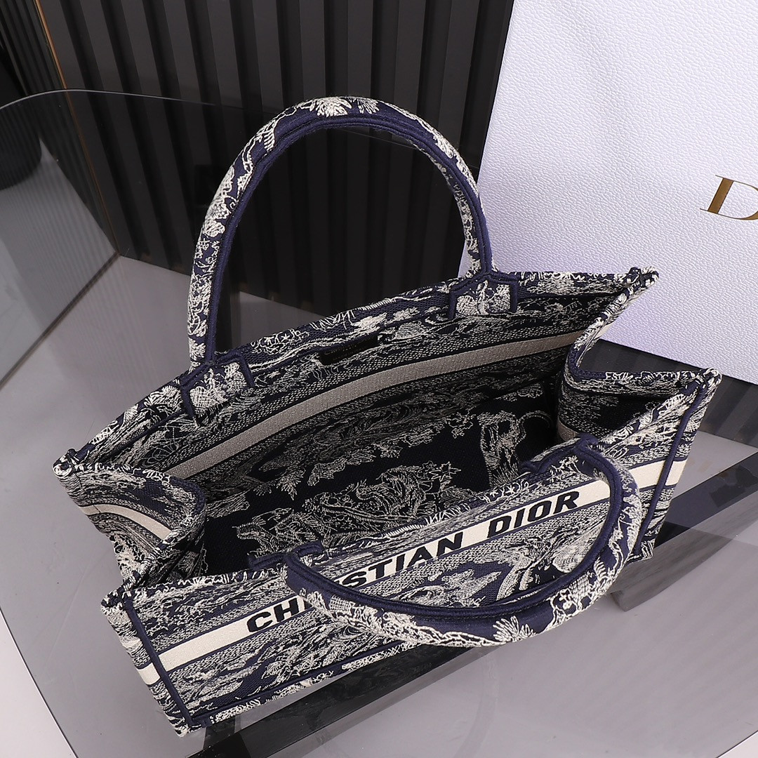 Medium D*0r Book Tote  Blue and Ecru Toile de Jouy Reverse Embroidery 14 x 11 x 6.5 inches