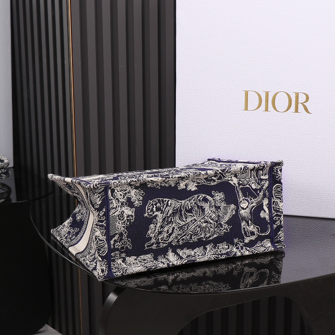 Medium D*0r Book Tote  Blue and Ecru Toile de Jouy Reverse Embroidery 14 x 11 x 6.5 inches