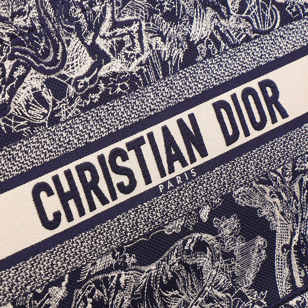 Medium D*0r Book Tote  Blue and Ecru Toile de Jouy Reverse Embroidery 14 x 11 x 6.5 inches