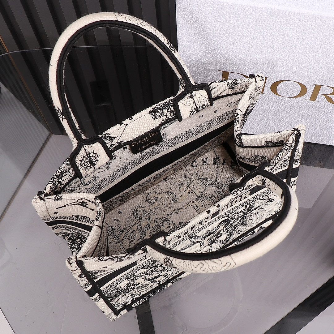 Small D*0r Book Tote Latte and Black Toile de Jouy Zodiac Embroidery 10.5 x 8.5 x 5.5 inches