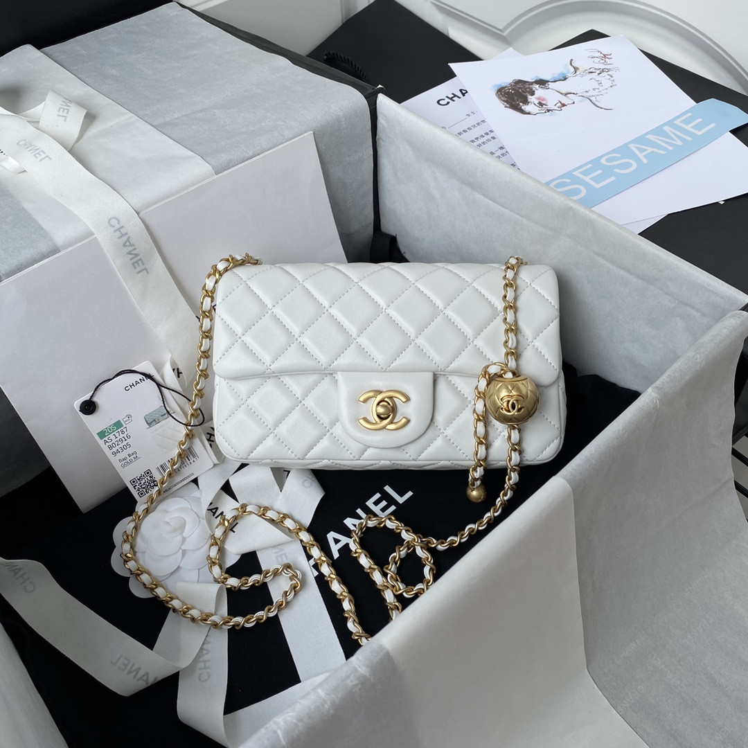 Ch*el MINI FLAP BAG SHINY CALFSKIN & gold-TONE METAL white 4.7 × 7.8 × 2.3 in