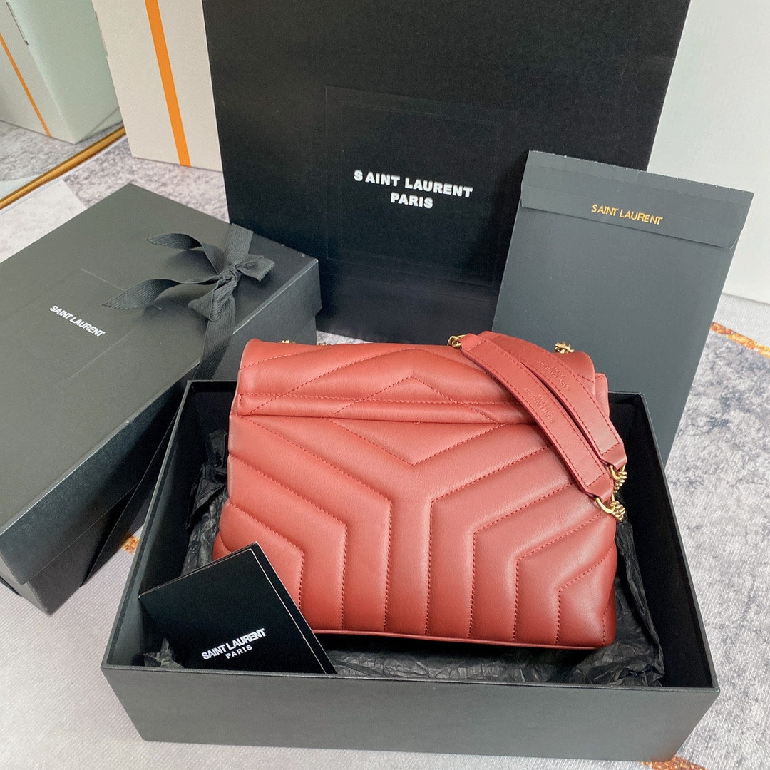 Y*L LOULOU SMALL IN QUILTED LEATHER RED GOLD 9 X 6.1 X 3.3 INCHES