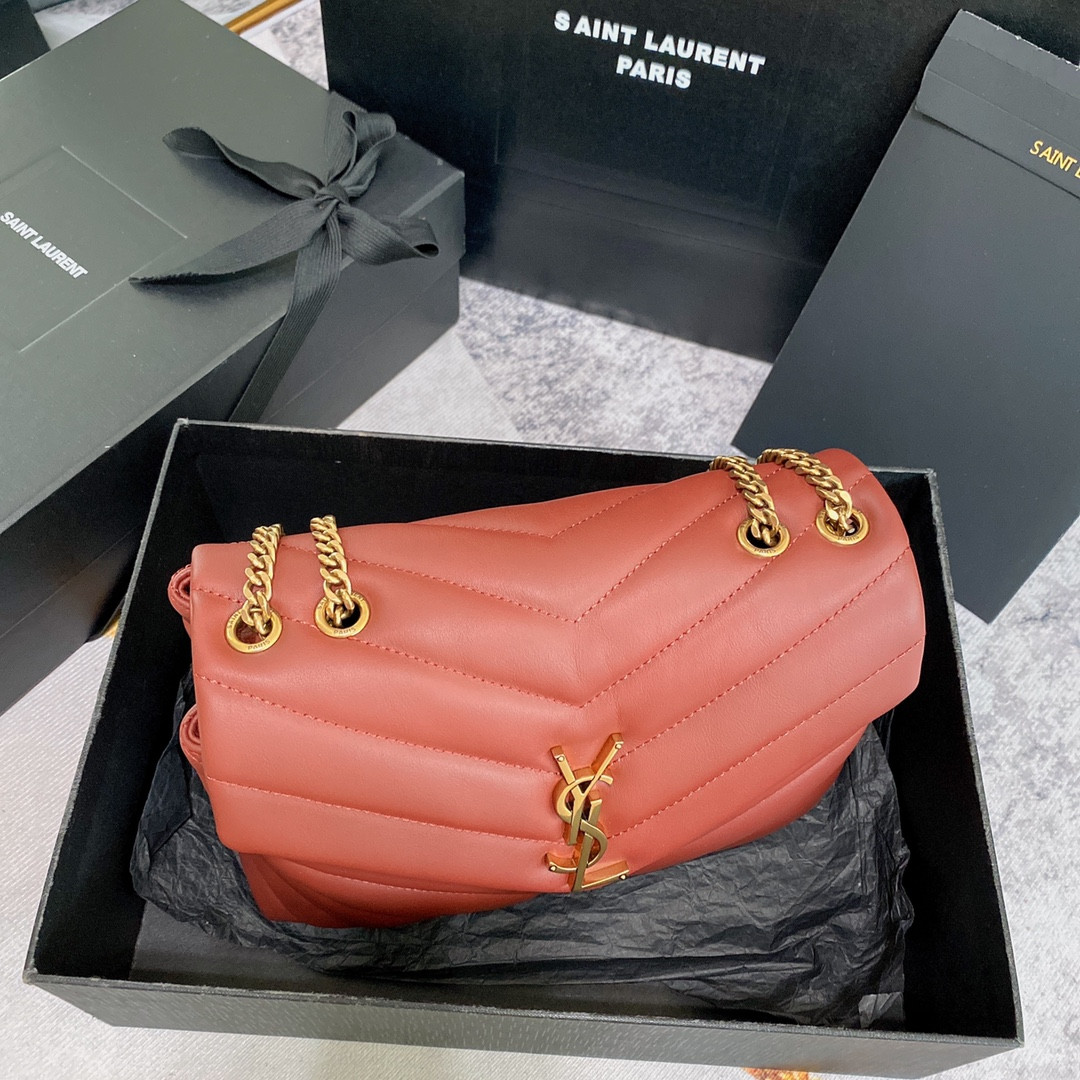 Y*L LOULOU SMALL IN QUILTED LEATHER RED GOLD 9 X 6.1 X 3.3 INCHES