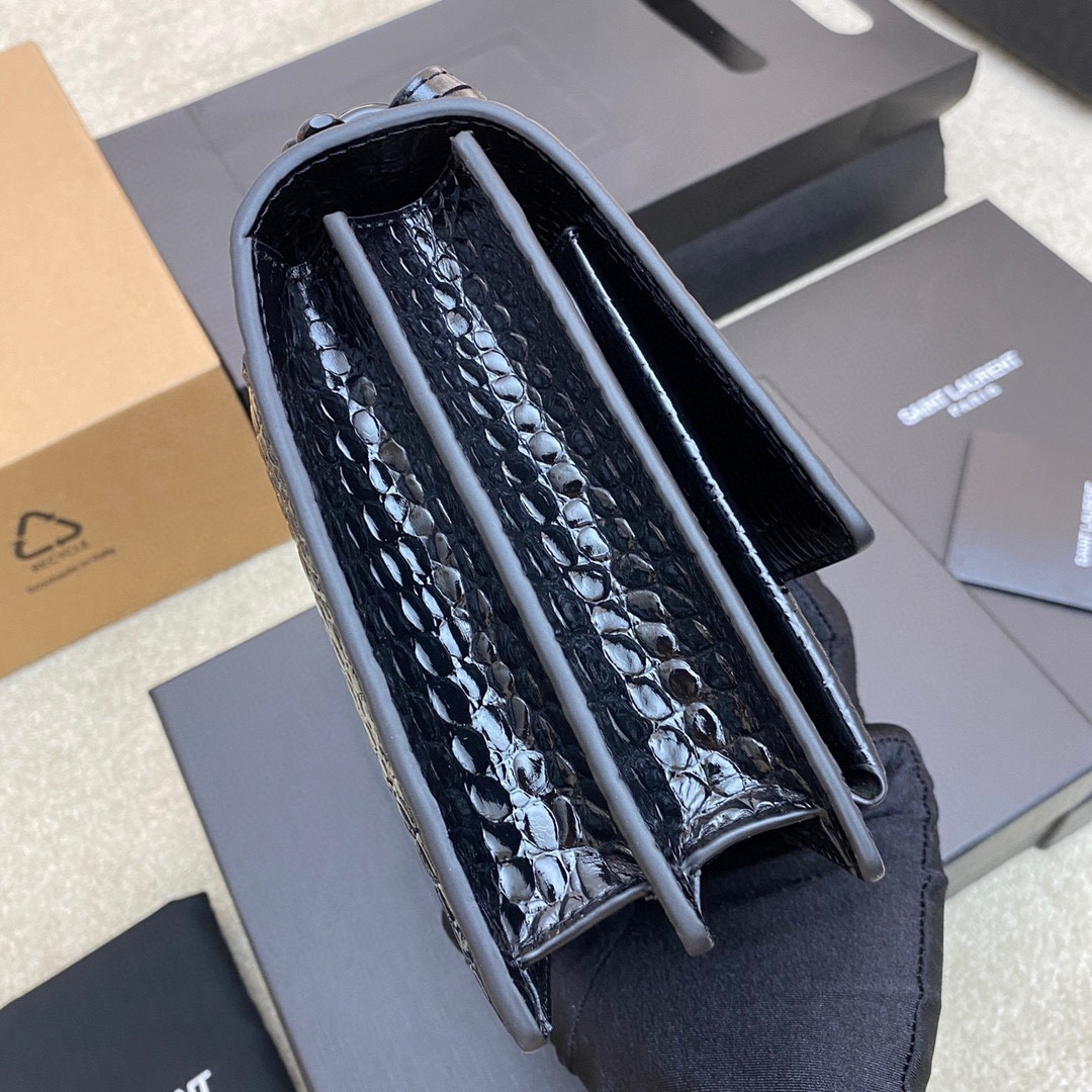 Y*L SUNSET MEDIUM IN CROCODILE-EMBOSSED LEATHER NOIR 8 X 6.2 X 2.5 INCHES