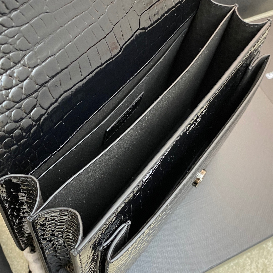 Y*L SUNSET MEDIUM IN CROCODILE-EMBOSSED LEATHER NOIR 8 X 6.2 X 2.5 INCHES