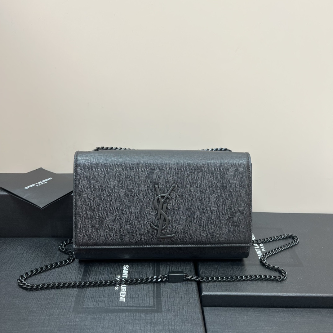 Y*L KATE MEDIUM IN GRAIN DE POUDRE EMBOSSED LEATHER ALL BLACK 9.4 X 5.7 X 2.1 INCHES