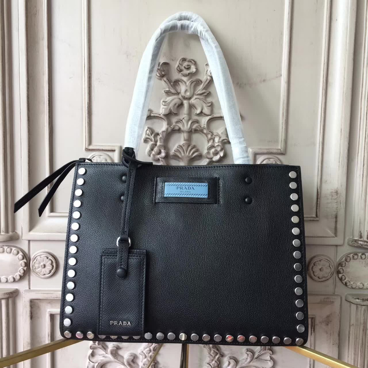 Pra*a etiquette bag black 4293  28cmx14cmx21cm