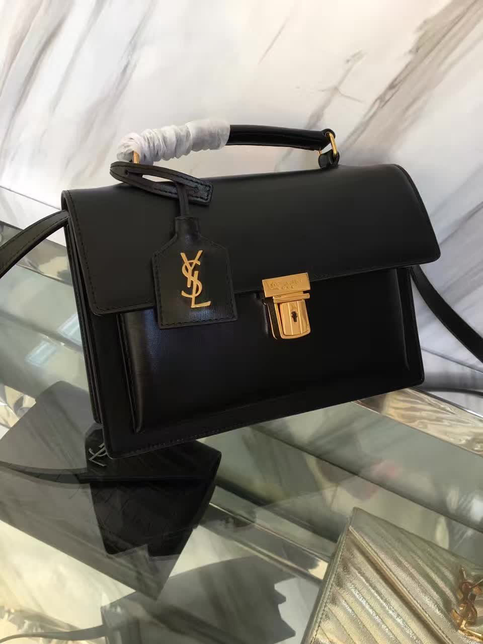 y51 Sa1nt Lau*nt black leather medium high school satchel bag 5114 22cm x 8cm x 16cm