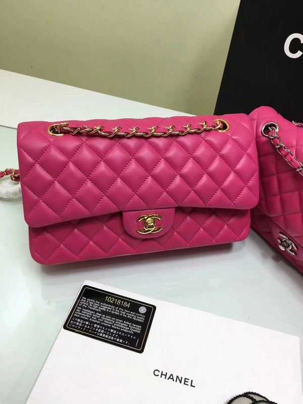 Ch**el classic flap bag rose red lambskin leather sliver&gold chain 25cm