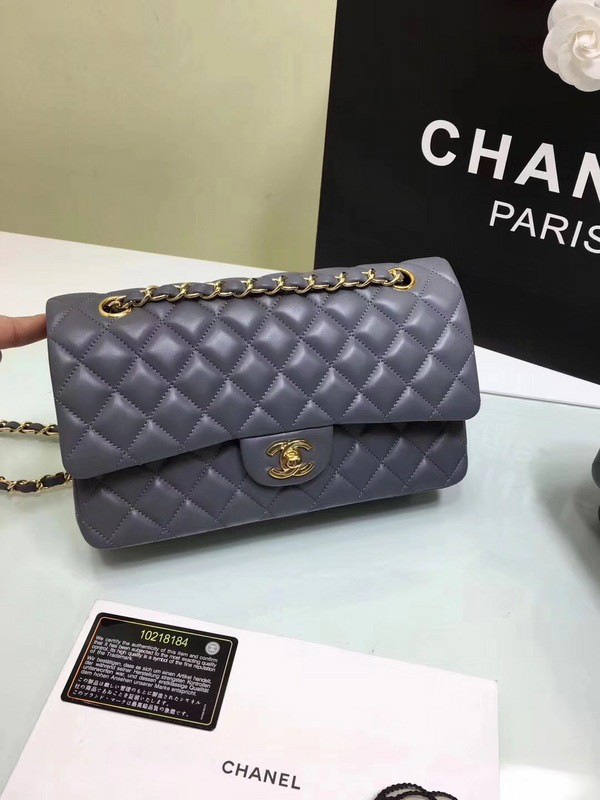 Ch**el classic flap bag grey caviar leather sliver&gold chain 25cm