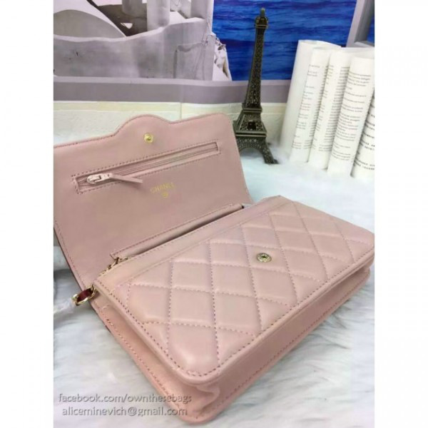 Ch**el lambskin mini chain wallet light pink a81023 vs06505