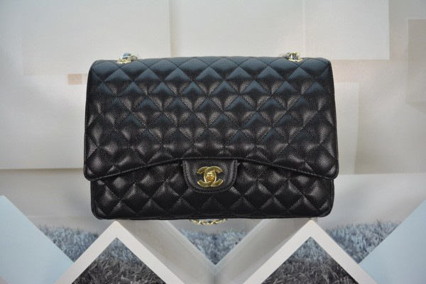 Ch**el caviar leather flap bag with gold/silver chain black 33cm
