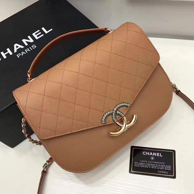 Ch**el grained calfskin flap bag with top handle khaki