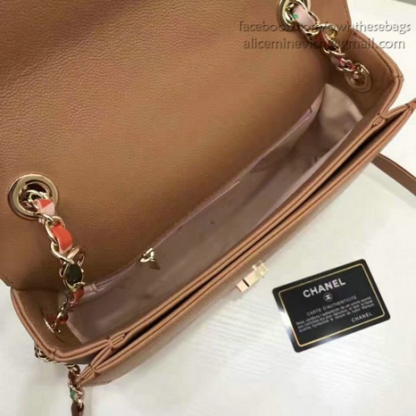 Ch**el grained calfskin flap bag with top handle khaki