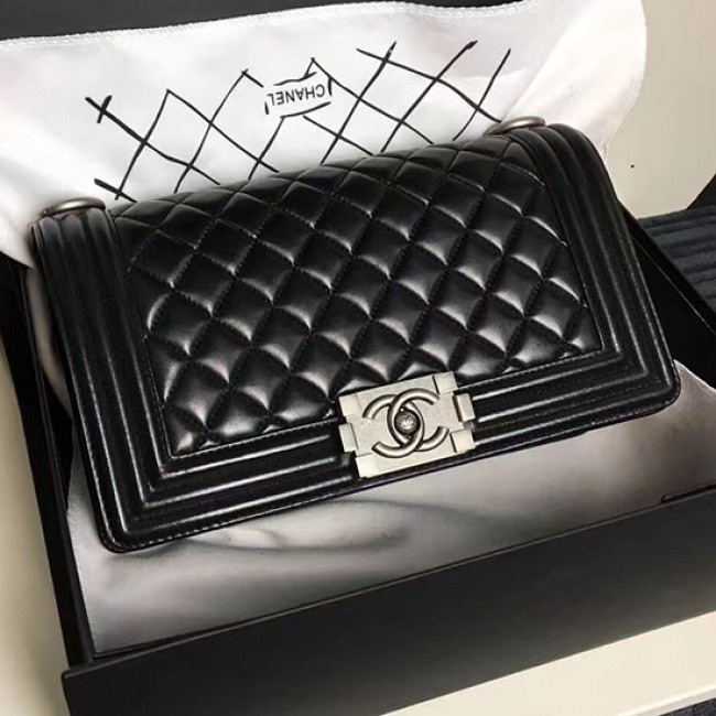 Ch**el medium caviar quilted lambskin boy bag black