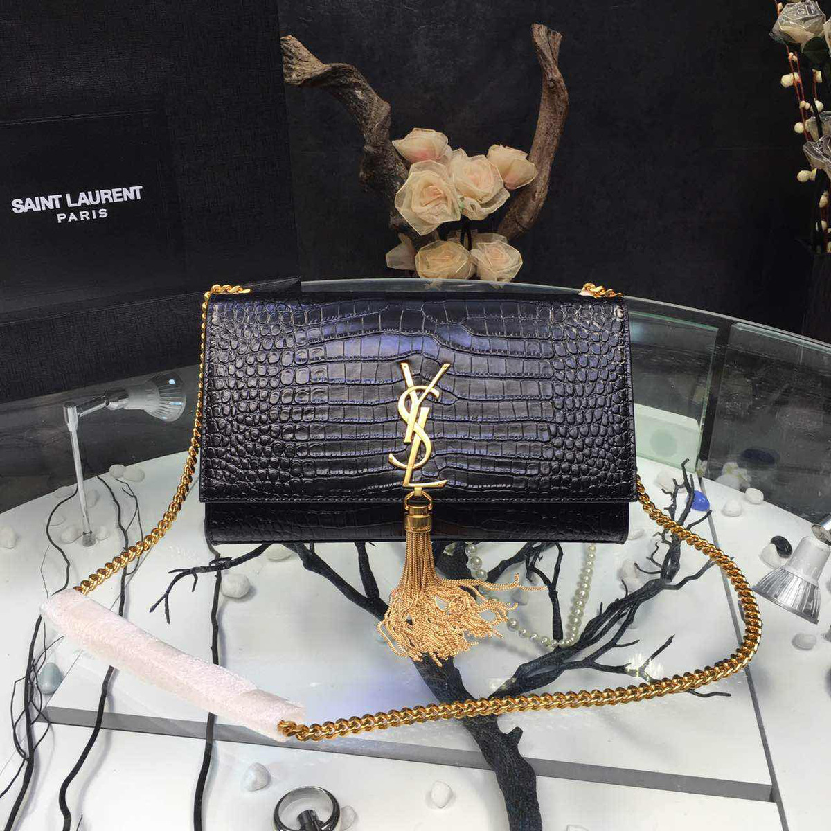 Y51 monogram- kate gold tassel in embossed crocodile shiny leather 5056 24cm x 15cm x 5cm