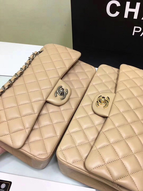 Ch**el classic flap bag beige caviar leather sliver&gold chain 25cm