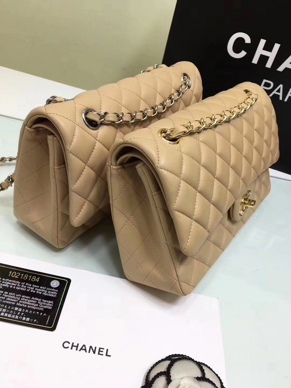 Ch**el classic flap bag beige caviar leather sliver&gold chain 25cm
