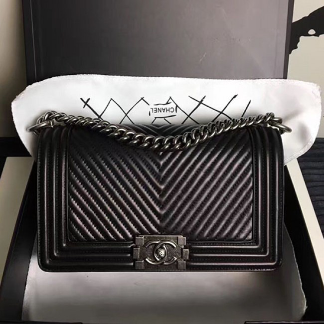 Ch**el medium chevron lambskin quilted boy bag black 25 cm