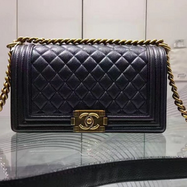 Ch**el quilted caviar medium boy bag gold hardware black