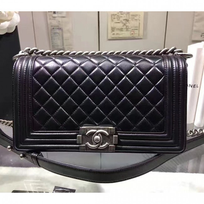 Ch**el quilted lambskin medium boy bag black silver hardware