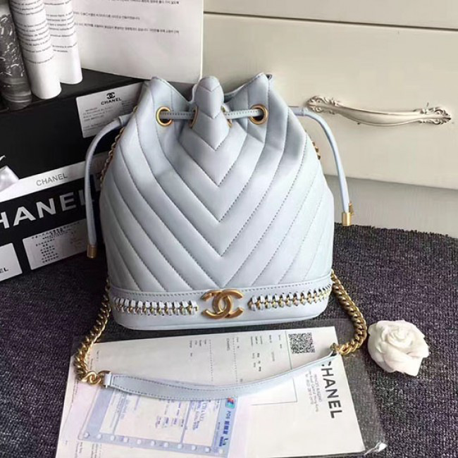 Ch**el lambskin drawstring bucket bag light blue