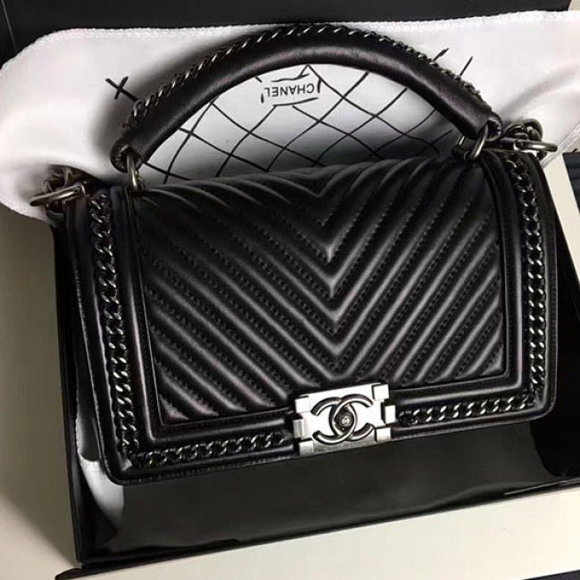 Ch**el chevron lambskin quilted boy bag with top handle black
