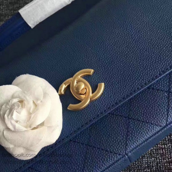 Ch**el grained calfskin large top handle flap bag blue