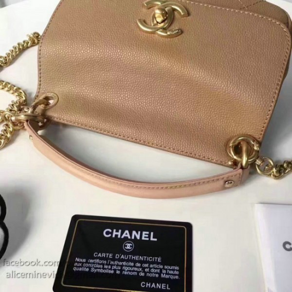 Ch**elgrained calfskin mini top handle flap bag beige