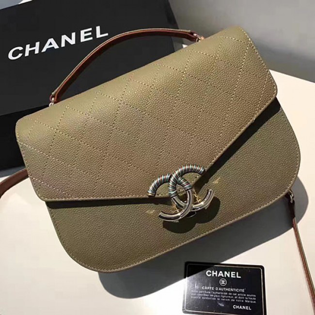 Ch**el grained calfskin flap bag with top handle green