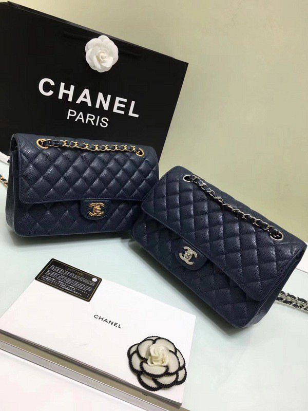 Ch**el classic flap bag royalblue caviar leather sliver&gold chain 25cm
