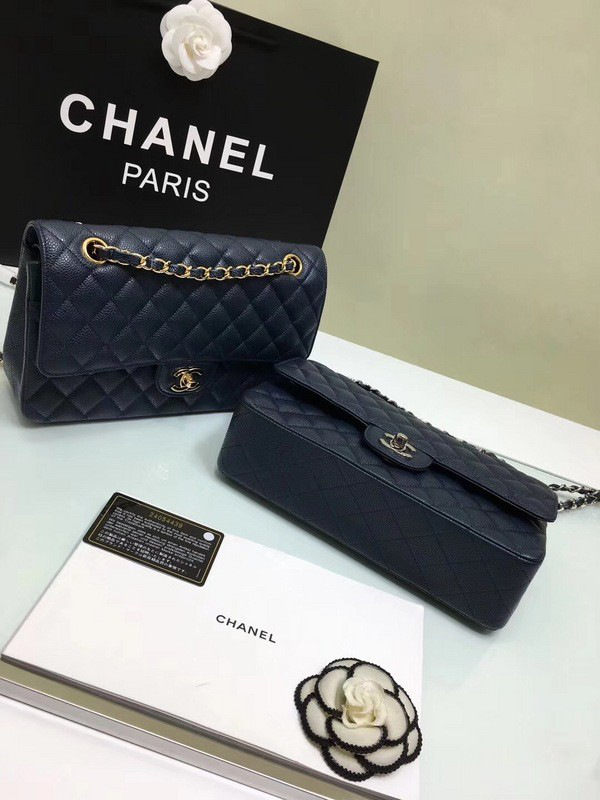 Ch**el classic flap bag royalblue caviar leather sliver&gold chain 25cm