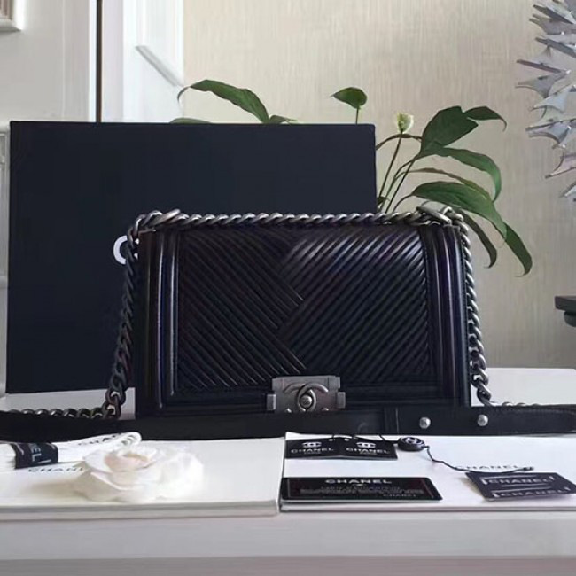 Ch**el medium chevron lambskin quilted boy bag black