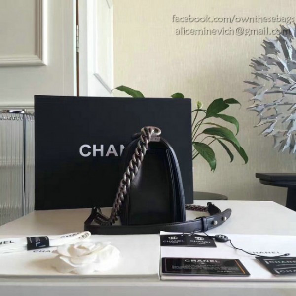 Ch**el medium chevron lambskin quilted boy bag black