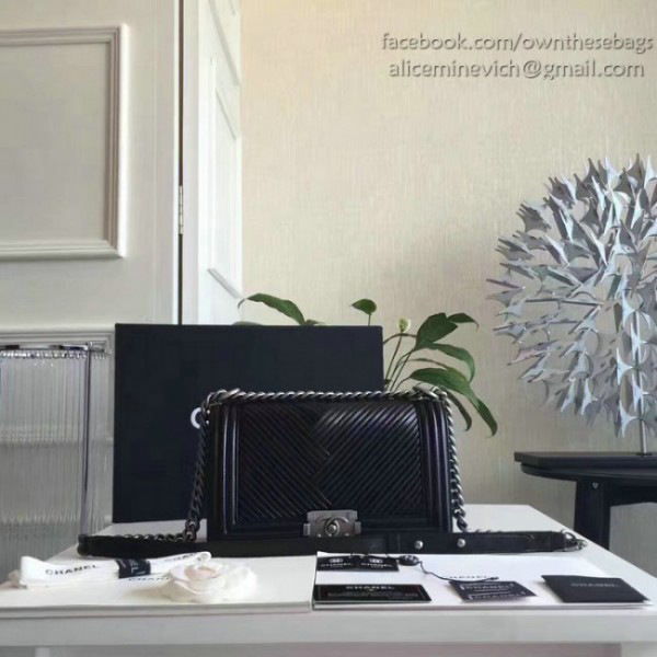 Ch**el medium chevron lambskin quilted boy bag black