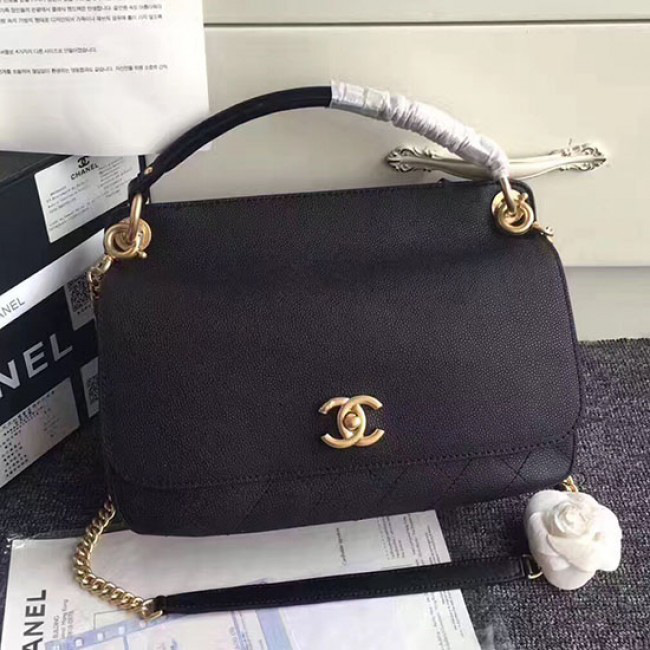 Ch**el grained calfskin large top handle flap bag black
