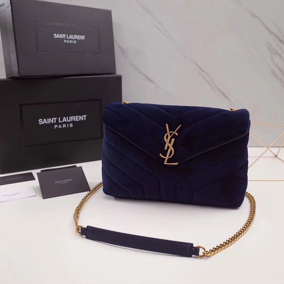 Y51 loulou monogram quilted velvet shoulder bag blue 4795  25cm*17cm*9cm