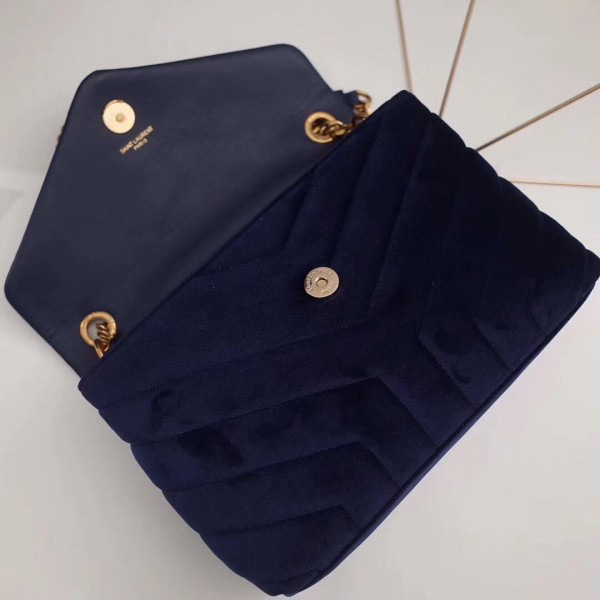 Y51 loulou monogram quilted velvet shoulder bag blue 4795  25cm*17cm*9cm