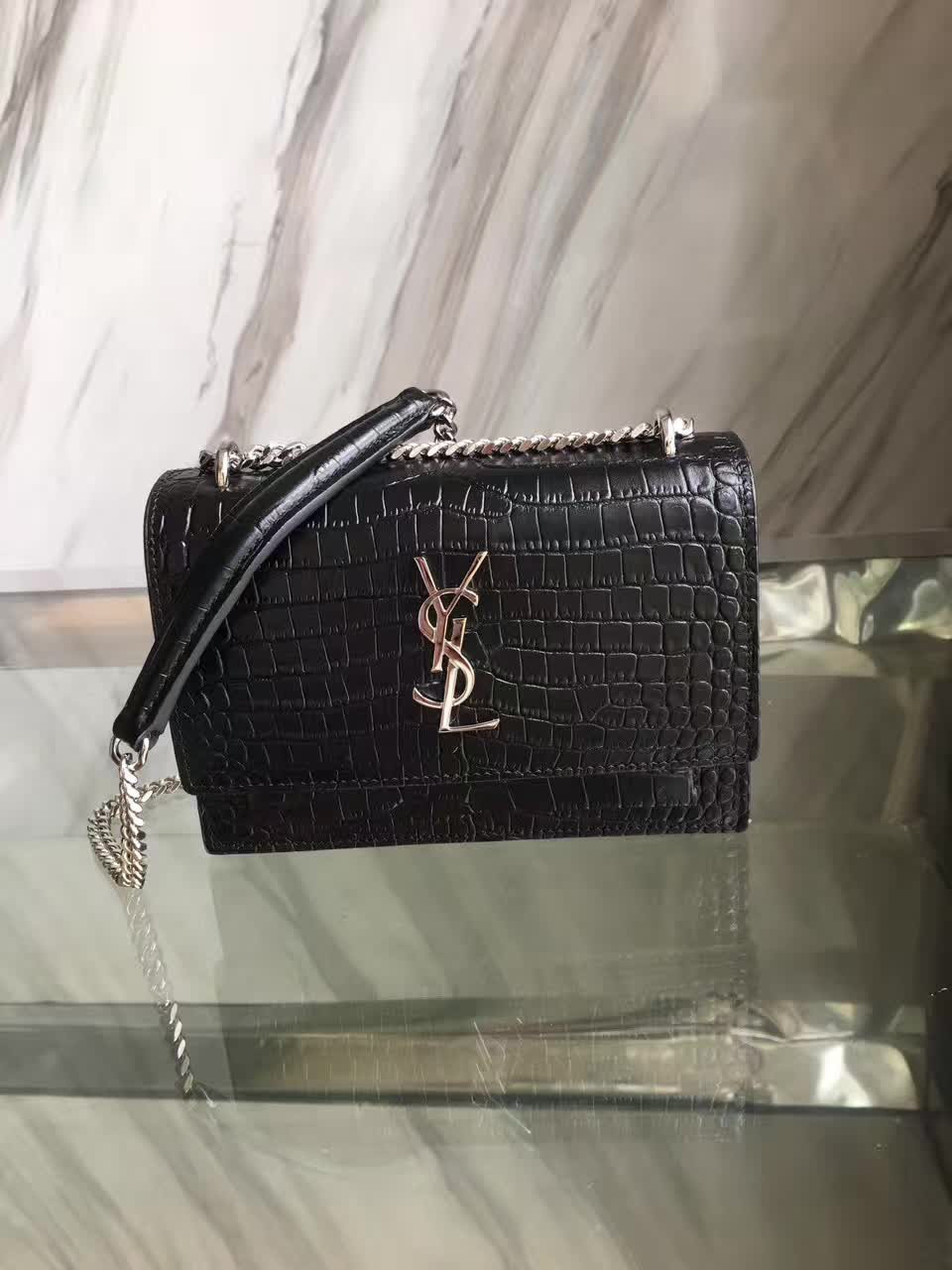 Y51 sunset chain wallet in crocodile embossed shiny leather 4843 17cm x 13cm x 7cm
