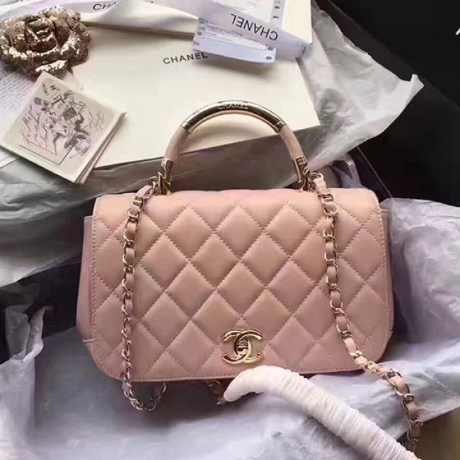Ch**el caviar quilted lambskin flap bag with top handle pink
