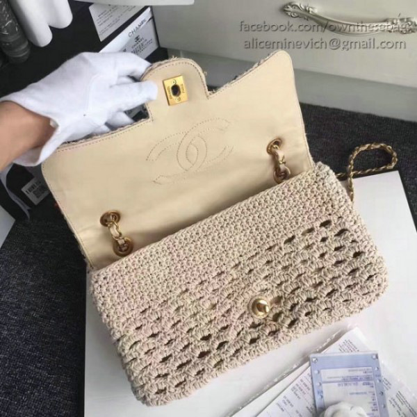 Ch**el crochet braid cayo coco flap bag beige