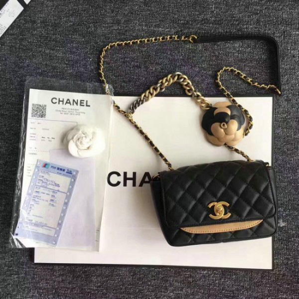 Ch**el calfskin camellia waist chain bag black a91830