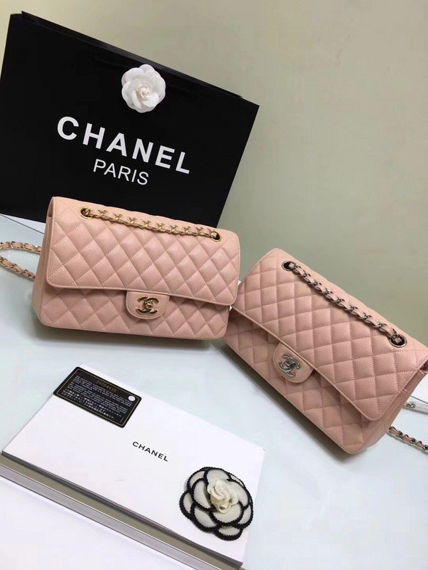Ch**el classic flap bag pink caviar leather sliver&gold chain 25cm
